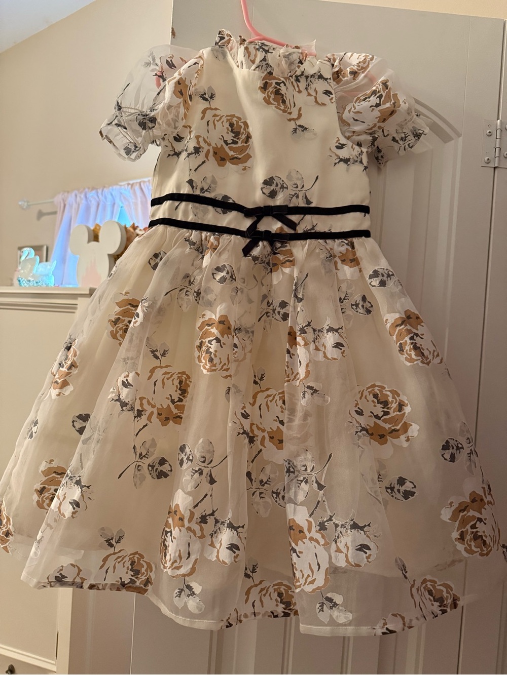 Janie and Jack Cream Floral Organza Dress with Black Ribbon